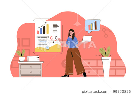 Market research concept. Woman analyst analyzes data situation. Business statistics, financial analytics people scene. Vector illustration with flat character design for website and mobile site 99530836