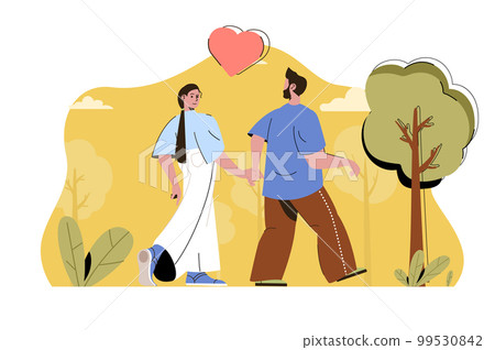 Love couple concept. Happy loving couple walking in park and holding hands situation. Relationships, family people scene. Vector illustration with flat character design for website and mobile site Love couple concept. Happy loving couple walking in park and holding hands situation. Relationships, family people scene. Vector illustration with flat character design for website and mobile site 99530842