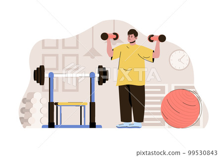 Keep fit concept. Man exercising with dumbbells, doing workouts in gym situation. Healthy lifestyle, wellness people scene. Vector illustration with flat character design for website and mobile site Keep fit concept. Man exercising with dumbbells, doing workouts in gym situation. Healthy lifestyle, wellness people scene. Vector illustration with flat character design for website and mobile site 99530843