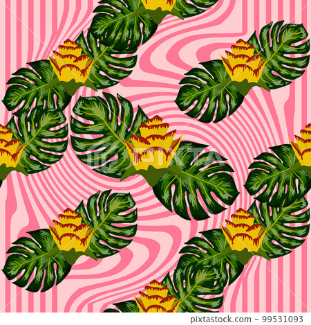 Summer seamless tropical pattern with bright yellow and pink plants and leaves. Summer seamless tropical pattern with bright yellow and pink plants and leaves. 99531093
