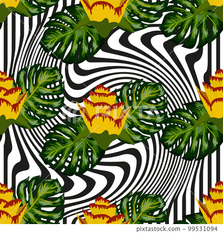 Summer seamless tropical pattern with bright yellow and pink plants and leaves. 99531094