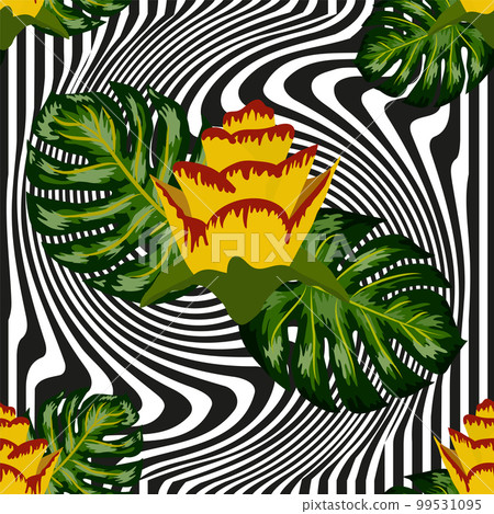 Summer seamless tropical pattern with bright yellow and pink plants and leaves. Summer seamless tropical pattern with bright yellow and pink plants and leaves. 99531095