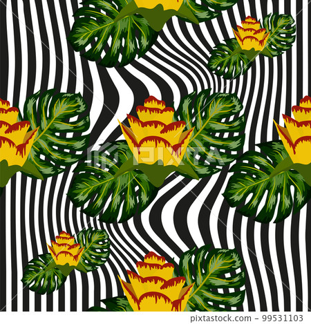 Summer seamless tropical pattern with bright yellow and pink plants and leaves. 99531103