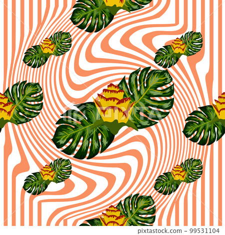 Summer seamless tropical pattern with bright yellow and pink plants and leaves. 99531104