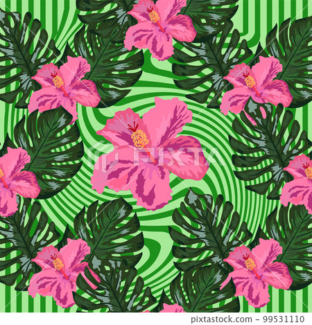 Summer seamless tropical pattern with bright yellow and pink plants and leaves. 99531110
