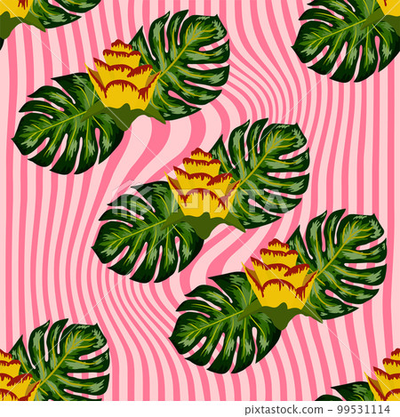 Summer seamless tropical pattern with bright yellow and pink plants and leaves. Summer seamless tropical pattern with bright yellow and pink plants and leaves. 99531114