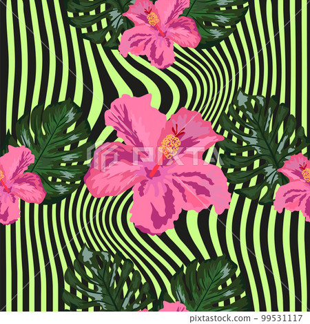 Summer seamless tropical pattern with bright yellow and pink plants and leaves. Summer seamless tropical pattern with bright yellow and pink plants and leaves. 99531117