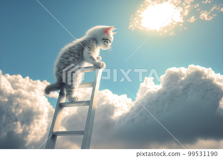 Curious kitten climbing the ladder to the sky with clouds. Cute tiny cat on the stairway. Generated AI. 99531190