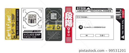 Cyberpunk decal. Vector sticker, label in futuristic style. Sci fi signs, inscriptions and symbols. Japanese hieroglyphs Step. Cyberpunk decal. Vector sticker, label in futuristic style. Sci fi signs, inscriptions and symbols. Japanese hieroglyphs Step. 99531201