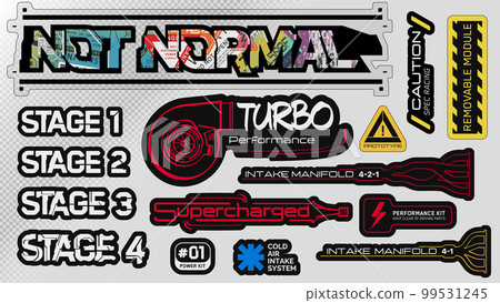 Cyberpunk decals set of vector stickers and labels in futuristic style. Inscriptions and symbols,not normal, turbo perfomance, supercharged, intake manifold 4-2-1 vs 4-1, spec racing, caution, stage. 99531245