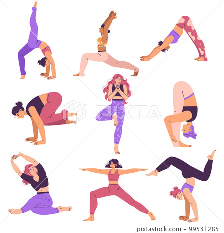 Young Woman Character Yoga Practicing Standing in Asana Vector Set 99531285