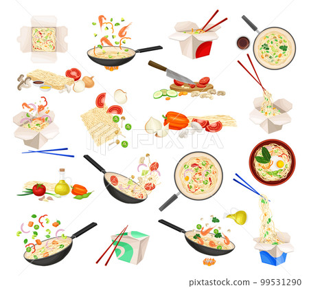 Wok Chinese Noodles Preparation Process with Ingredients Big Vector Set 99531290