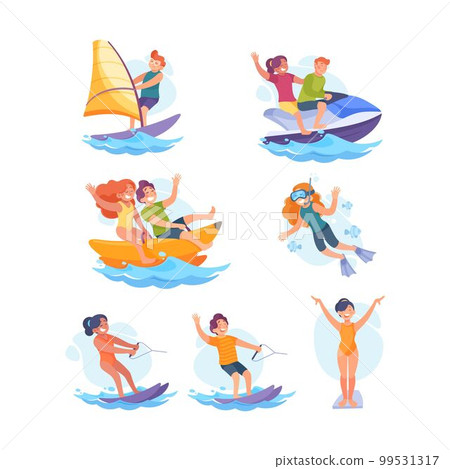 Funny Children Doing Water Sport Activity Vector Set 99531317