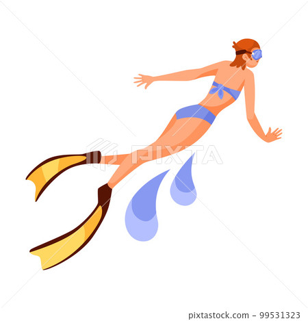 Woman Character Floating Underwater in Goggles and Flippers Doing Water Sport Activity Vector Illustration 99531323