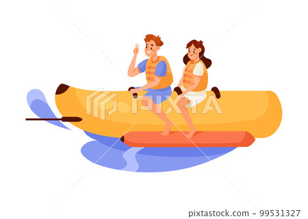 Man and Woman Character Riding Banana Boat Doing Water Sport Activity Vector Illustration 99531327