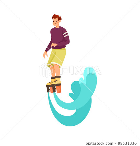 Man Character Flyboard with Turquoise Wave Doing Water Sport Activity Vector Illustration 99531330