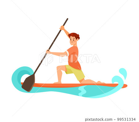 Man Character Standup Paddleboarding with Turquoise Wave Doing Water Sport Activity Vector Illustration 99531334