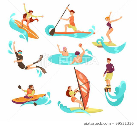 People Characters Doing Water Sport Activity with Turquoise Wave Vector Set People Characters Doing Water Sport Activity with Turquoise Wave Vector Set 99531336
