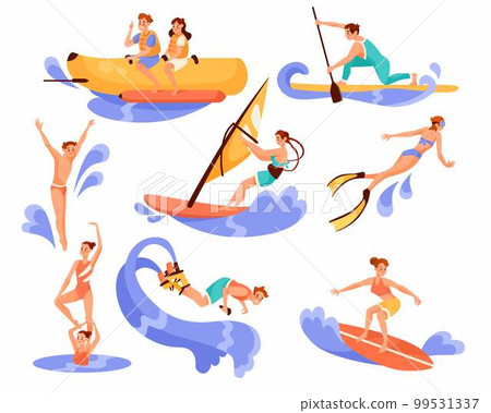 People Characters Doing Water Sport Activity with Blue Wave Vector Set People Characters Doing Water Sport Activity with Blue Wave Vector Set 99531337