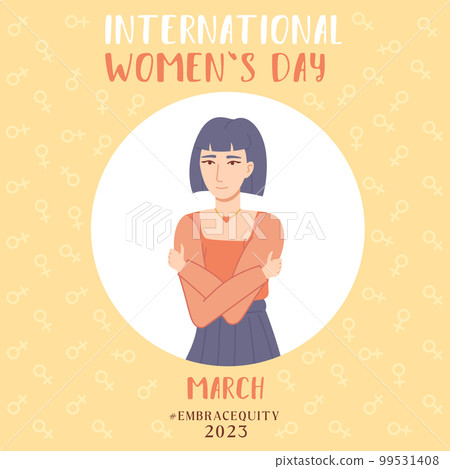 Embrace equity black woman embrace yourself 2023 purple square illustration. International womens day concept, self love, self care. Stock vector poster in flat style. 99531408