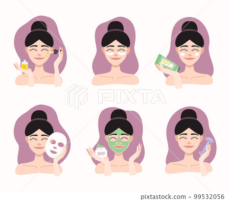 Set of flat icon beauty procedure. Girls use facial oil, eye patches, facial mask, spf, cream, roller. Vector illustration Set of flat icon beauty procedure. Girls use facial oil, eye patches, facial mask, spf, cream, roller. Vector illustration 99532056
