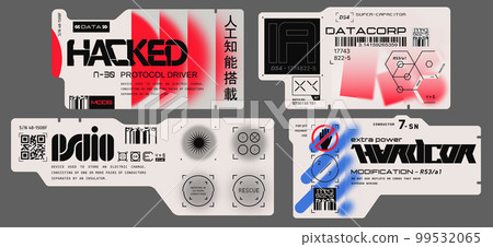 Cyberpunk decals set. Set of vector stickers and labels in futuristic style. Inscriptions and symbols, Japanese hieroglyphs for AI controlled, high voltage, warning. 99532065