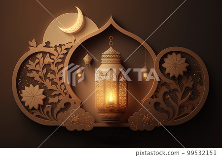 Islamic holiday banner template with Ramadan glowing light, lantern, moon and mosque window portal. AI Islamic holiday banner template with Ramadan glowing light, lantern, moon and mosque window portal. AI 99532151