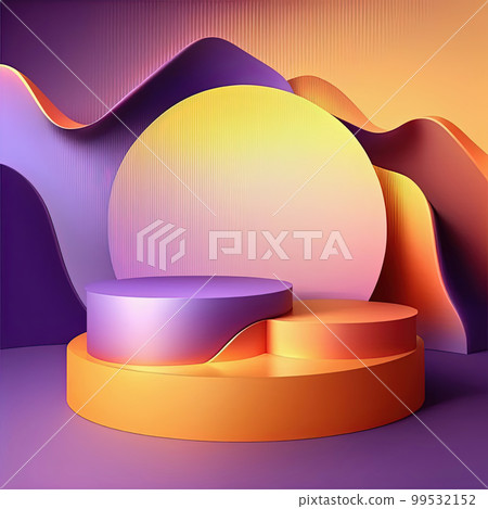 Product display neon round podium on vibrant colorful gradient background. Stage showcase on pedestal studio with podium. Modern abstract background Product display neon round podium on vibrant colorful gradient background. Stage showcase on pedestal studio with podium. Modern abstract background 99532152