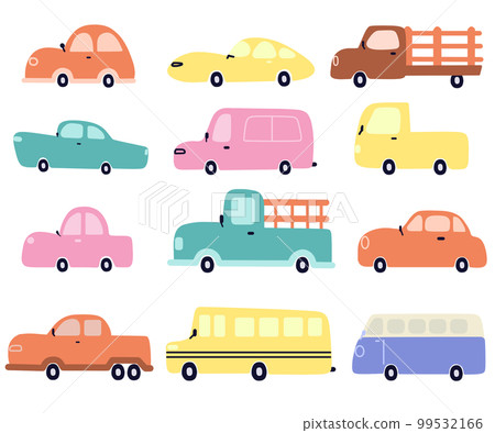 Hand drawn style colorful cute car illustration set 99532166