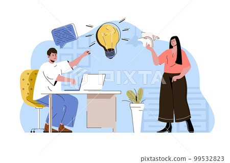Business idea concept. Employees brainstorm and find creative solution to tasks situation. Office teamwork people scene. Vector illustration with flat character design for website and mobile site 99532823