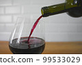 Pouring red wine into glass. Selective focus. Copy space. 99533029