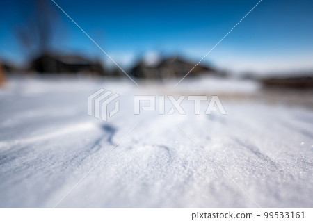 Windswept backyard with blades of dead lawn grass poking through snow 99533161