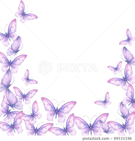 Watercolor illustration with delicate butterflies are pink, purple flying in the stream. For the design and decoration of frames, banners, postcards, certificate Watercolor illustration with delicate butterflies are pink, purple flying in the stream. For the design and decoration of frames, banners, postcards, certificate 99533196