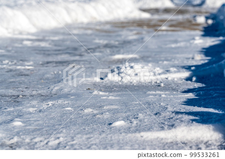 Selective focus ground level view of snow blown sidewalk section with path continuing.  99533261