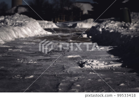 Selective focus ground level view of snow blown sidewalk section with path continuing. Selective focus ground level view of snow blown sidewalk section with path continuing. 99533418