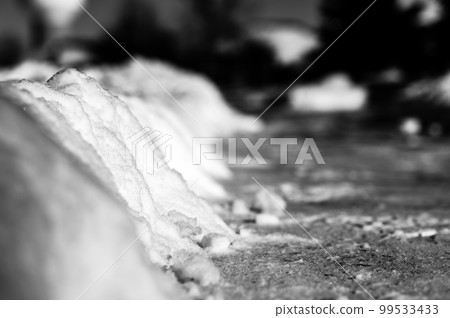 Selective focus ground level view of snow blown sidewalk section with path continuing.  99533433