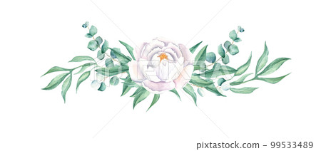Watercolor white peony and eucalyptus garland isolated on white background. Hand drawn botanical illustration. Can be used for wedding, birthday, save the date, greeting cards design. 99533489