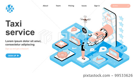 Taxi service isometric concept. Ordering car in mobile application, transfer and city transportation of passengers, line flat isometry web banner. Vector illustration in 3d design for landing page 99533626