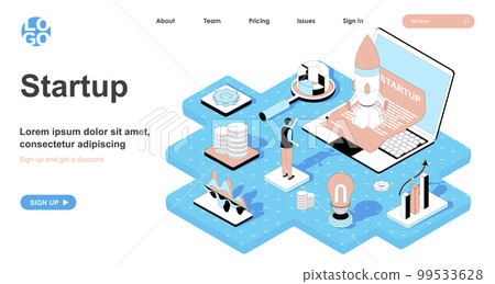Startup isometric concept. Man starts new business, online project, development of idea and innovations introduction, line flat isometry web banner. Vector illustration in 3d design for landing page Startup isometric concept. Man starts new business, online project, development of idea and innovations introduction, line flat isometry web banner. Vector illustration in 3d design for landing page 99533628