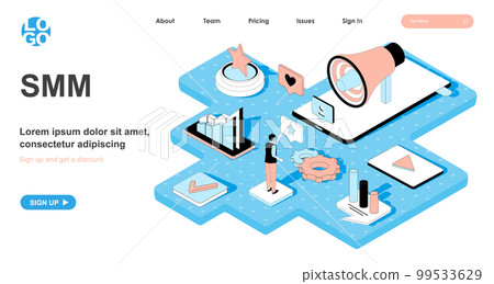 SMM isometric concept. Social media marketing. Promotion and advertising in social networks, success online strategy, line flat isometry web banner. Vector illustration in 3d design for landing page SMM isometric concept. Social media marketing. Promotion and advertising in social networks, success online strategy, line flat isometry web banner. Vector illustration in 3d design for landing page 99533629