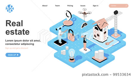 Real estate isometric concept. Investment in construction of new houses, sale of apartments, purchase of housing, line flat isometry web banner. Vector illustration in 3d design for landing page Real estate isometric concept. Investment in construction of new houses, sale of apartments, purchase of housing, line flat isometry web banner. Vector illustration in 3d design for landing page 99533634