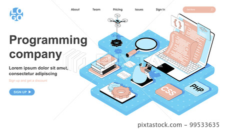 Programming company isometric concept. Programmer writes code, develops and configures programs, creates software, line flat isometry web banner. Vector illustration in 3d design for landing page Programming company isometric concept. Programmer writes code, develops and configures programs, creates software, line flat isometry web banner. Vector illustration in 3d design for landing page 99533635