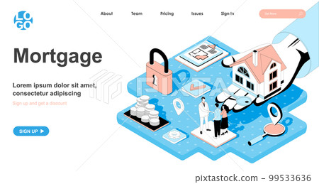 Mortgage isometric concept. Couple buys new house using bank loan, realtor hands over keys and concludes agreement, line flat isometry web banner. Vector illustration in 3d design for landing page Mortgage isometric concept. Couple buys new house using bank loan, realtor hands over keys and concludes agreement, line flat isometry web banner. Vector illustration in 3d design for landing page 99533636