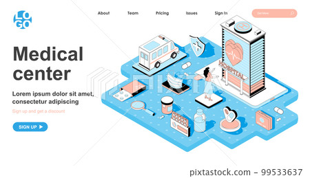 Medical center isometric concept. Clinic services, ambulance at hospital, diagnostics, treatment, doctor consultation, line flat isometry web banner. Vector illustration in 3d design for landing page Medical center isometric concept. Clinic services, ambulance at hospital, diagnostics, treatment, doctor consultation, line flat isometry web banner. Vector illustration in 3d design for landing page 99533637