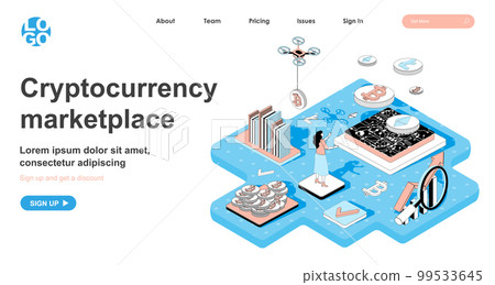 Cryptocurrency marketplace isometric concept. Woman sells or buys bitcoins, makes digital money, crypto business, line flat isometry web banner. Vector illustration in 3d design for landing page 99533645