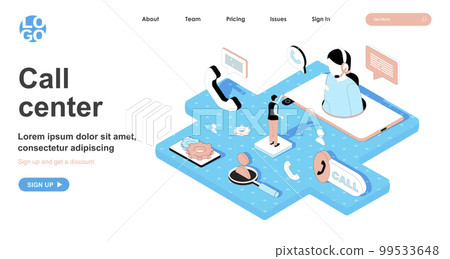 Call center isometric concept. Operator answers customer calls, technical support hotline, online consultations, line flat isometry web banner. Vector illustration in 3d design for landing page 99533648