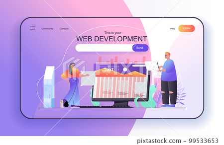 This is your Web Development concept for landing page. Designers create page layout, programming, optimization and testing web banner template. Vector illustration in flat cartoon design for web page This is your Web Development concept for landing page. Designers create page layout, programming, optimization and testing web banner template. Vector illustration in flat cartoon design for web page 99533653