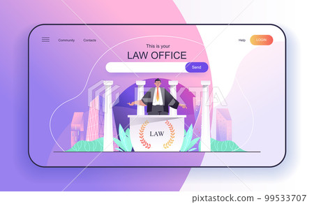 This is your Law Office concept for landing page. Lawyer or attorney consulting clients, legal support of businesses web banner template. Vector illustration in flat cartoon design for web page 99533707