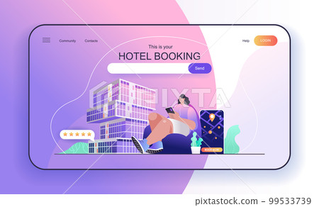 This is your Hotel Booking concept for landing page. Traveler reserves room or apartment in mobile application for vacation web banner template. Vector illustration in flat cartoon design for web page This is your Hotel Booking concept for landing page. Traveler reserves room or apartment in mobile application for vacation web banner template. Vector illustration in flat cartoon design for web page 99533739
