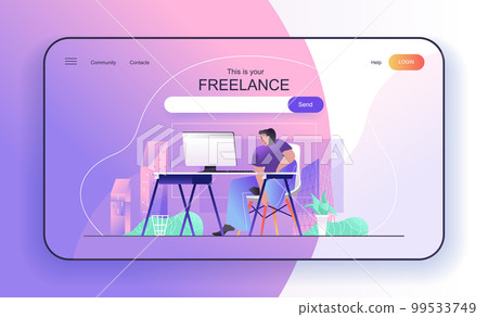 This is your Freelance concept for landing page. Freelancer works at computer sitting in home office, employee works online web banner template. Vector illustration in flat cartoon design for web page 99533749